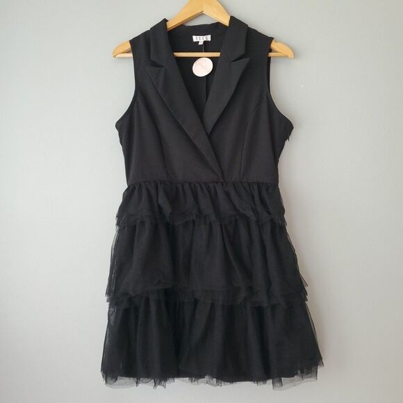 TCEC Black Sleeveless V Neck Layered Tulle Mini Dress Womens Large - Picture 8 of 8